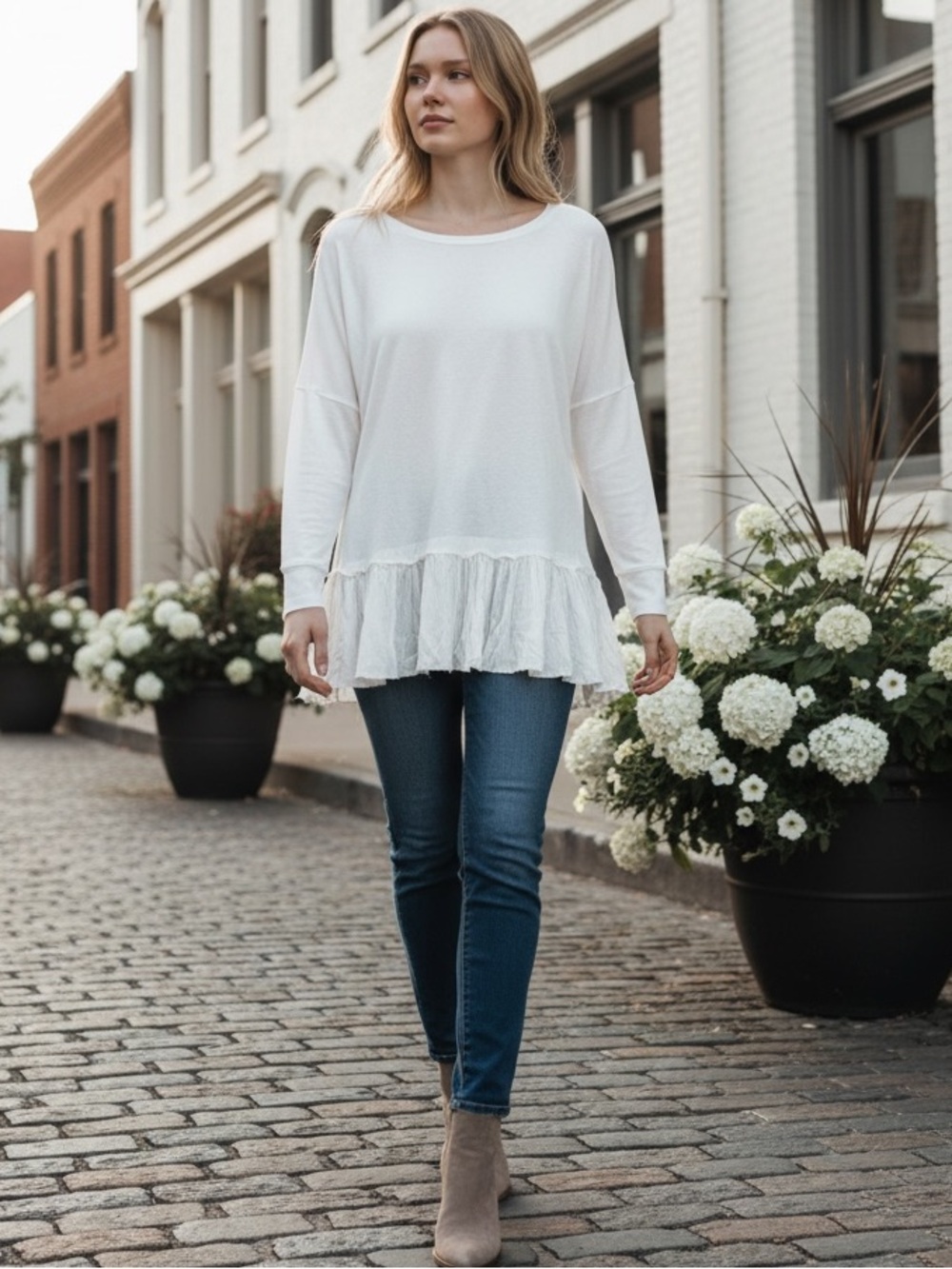 New Kyemi White Pullover Crinkle Hem Raw Edge Rayon Oversize Long Sleeve Shirt